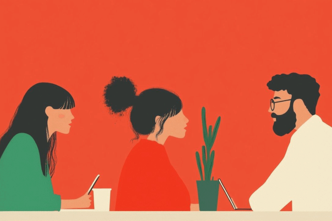 Illustration of three people at a table with a vibrant orange background and yellow pendant lights.
