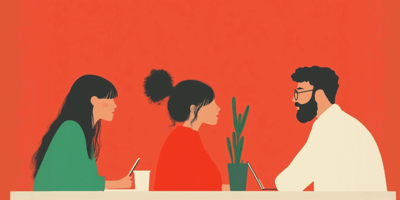Illustration of three people at a table with a vibrant orange background and yellow pendant lights.