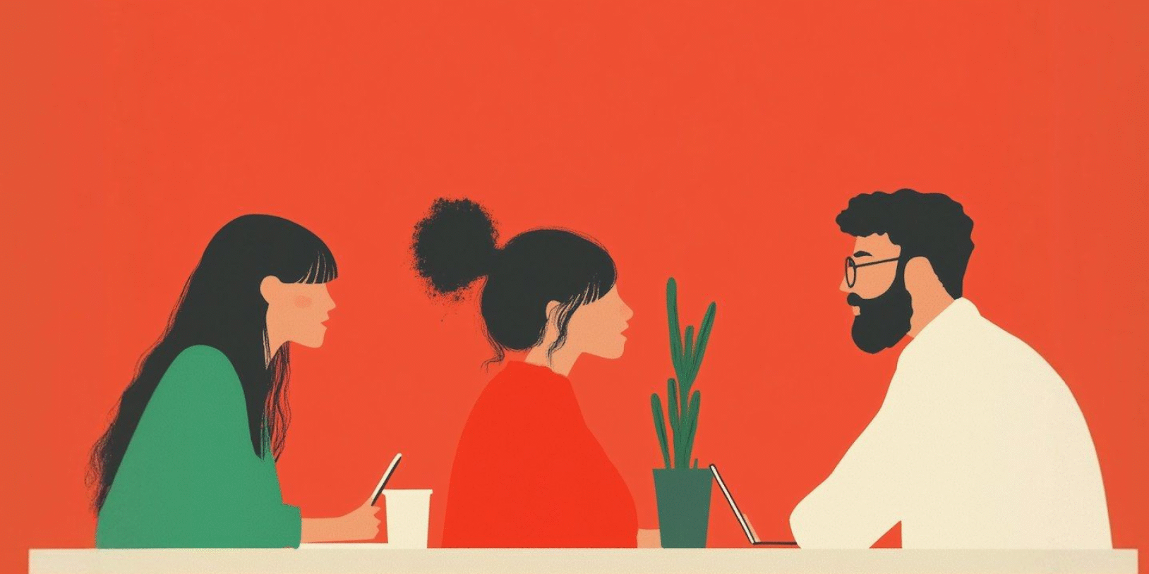 Illustration of three people at a table with a vibrant orange background and yellow pendant lights.
