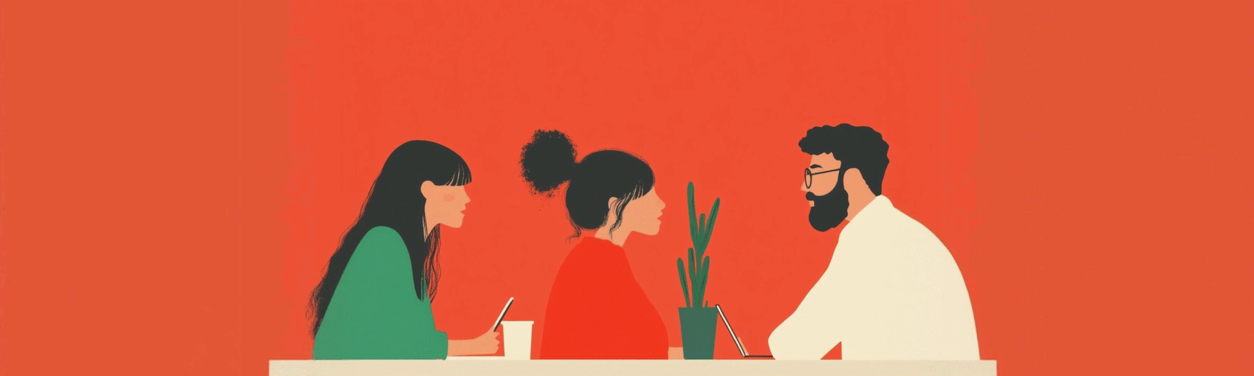 Illustration of three people at a table with a vibrant orange background and yellow pendant lights.