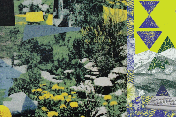 Abstract collage with bright yellow flowers, green foliage, and geometric shapes in black, blue, and yellow for a bold, modern look.