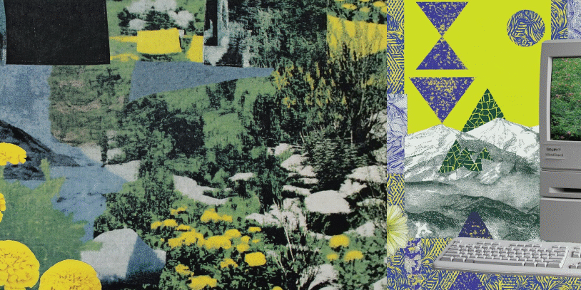 Abstract collage with bright yellow flowers, green foliage, and geometric shapes in black, blue, and yellow for a bold, modern look.
