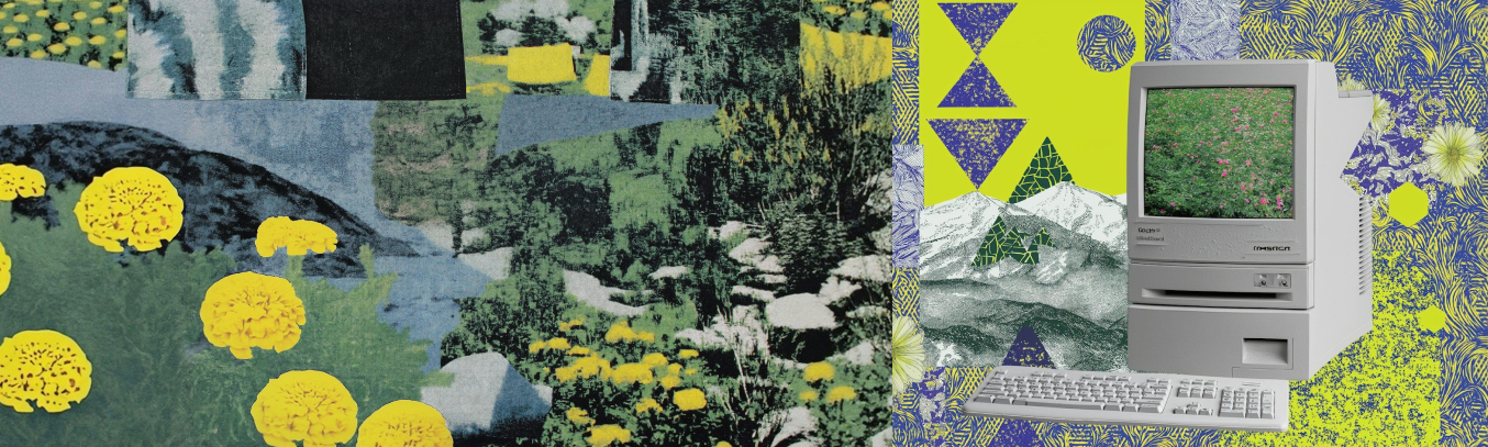 Abstract collage with bright yellow flowers, green foliage, and geometric shapes in black, blue, and yellow for a bold, modern look.