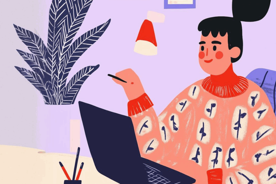 Cartoon illustration of a person working at a desk with a laptop, wearing a patterned sweater, in a cozy, artistic workspace.