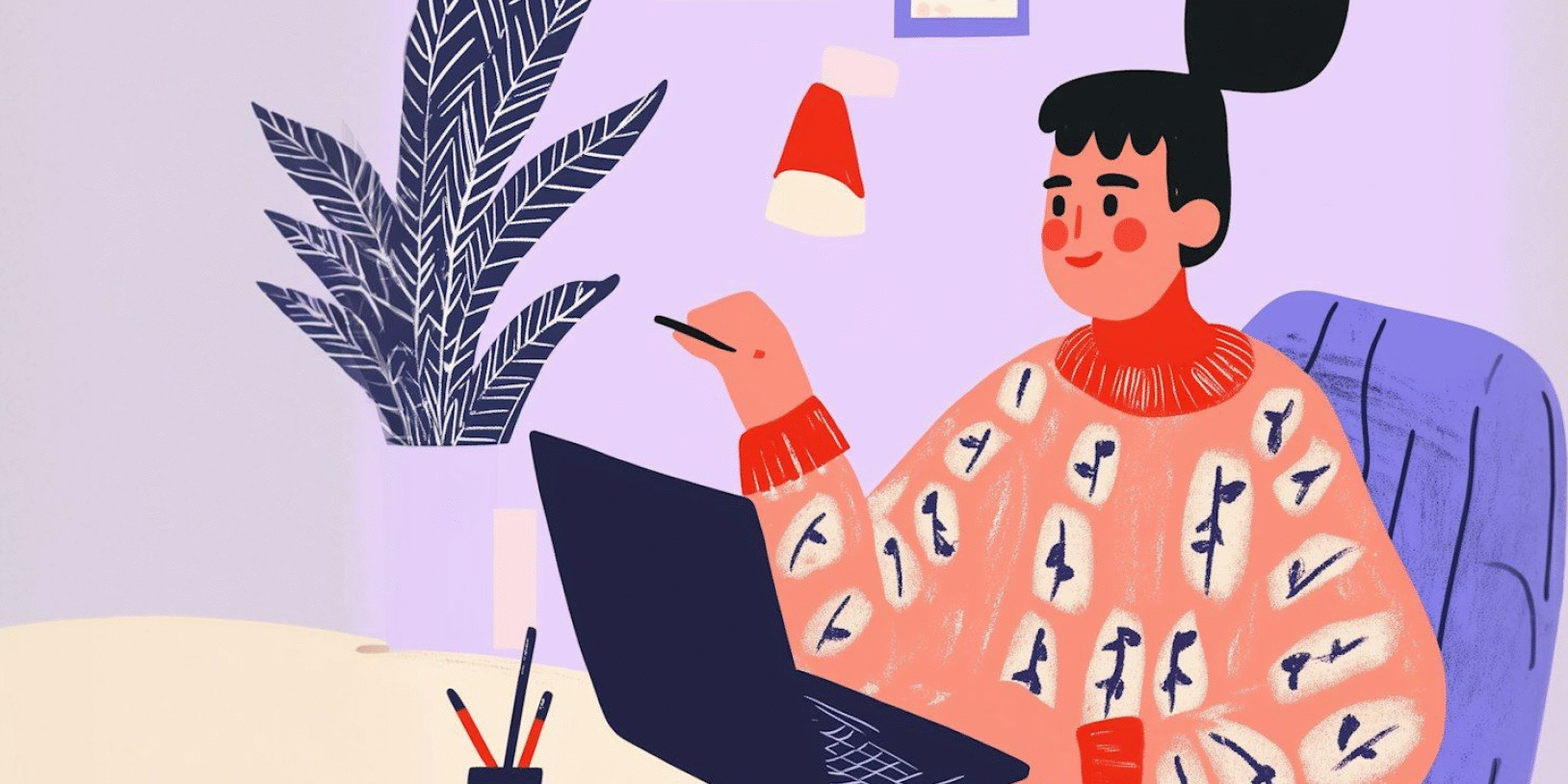 Cartoon illustration of a person working at a desk with a laptop, wearing a patterned sweater, in a cozy, artistic workspace.