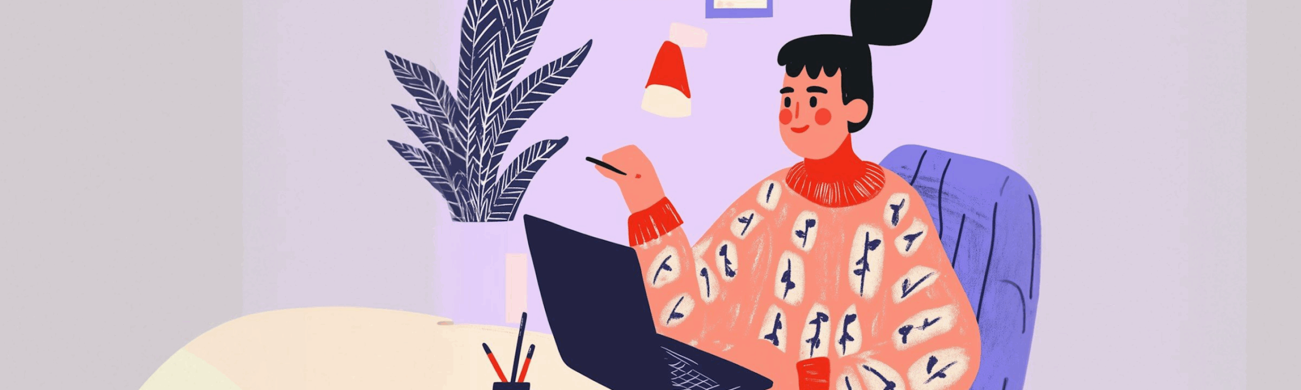 Cartoon illustration of a person working at a desk with a laptop, wearing a patterned sweater, in a cozy, artistic workspace.