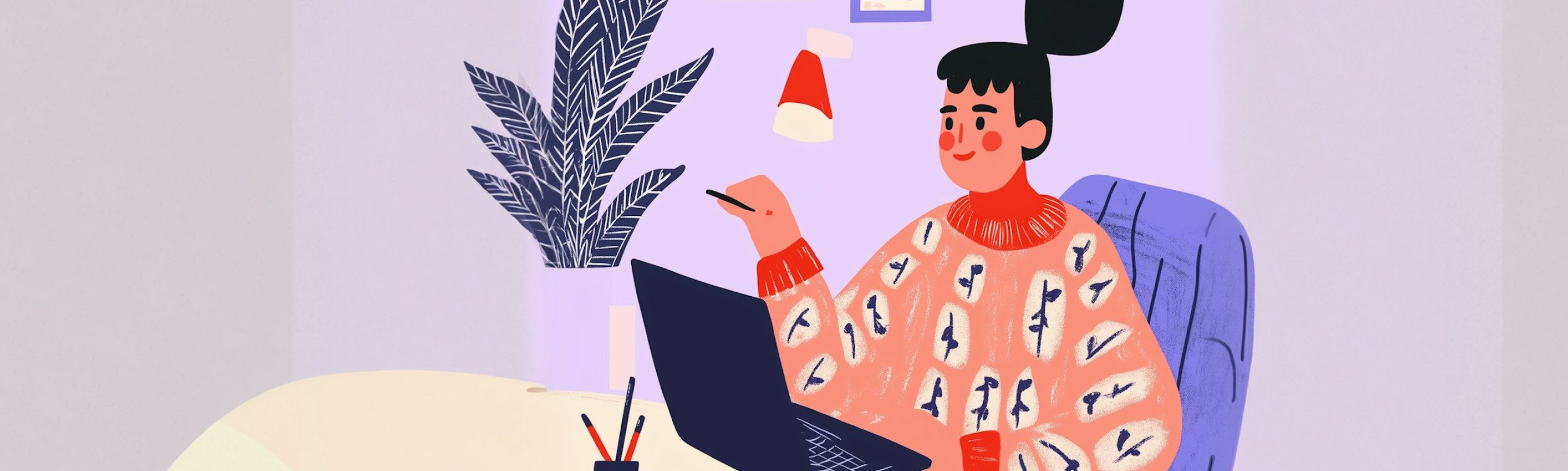 Cartoon illustration of a person working at a desk with a laptop, wearing a patterned sweater, in a cozy, artistic workspace.