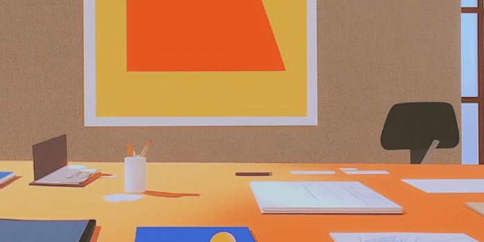 Minimalist workspace with orange desk, laptop, and abstract art. Bright, modern design with natural light and office supplies.