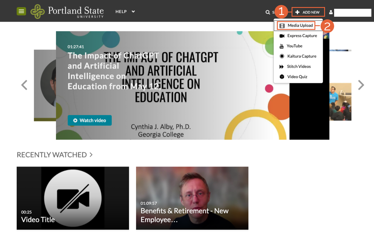 MediaSpace homepage with Media Upload Button