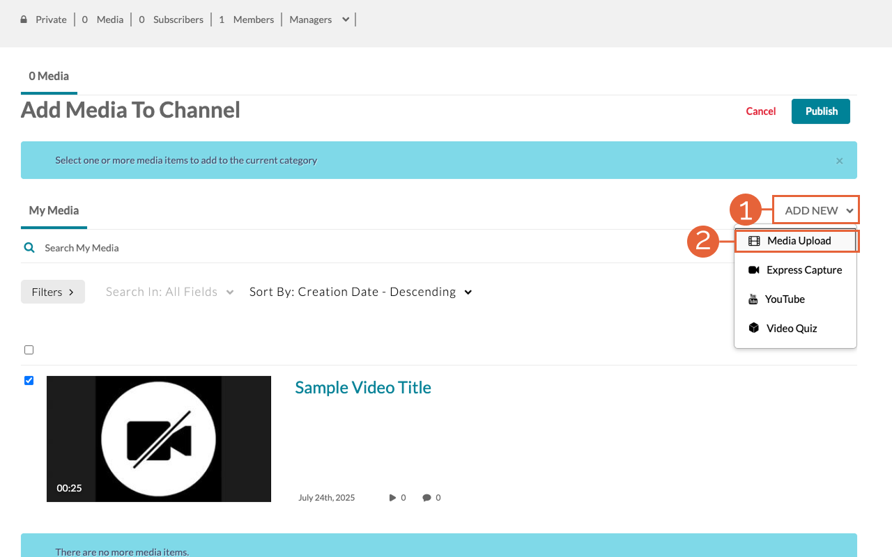 Channel Add Media Page