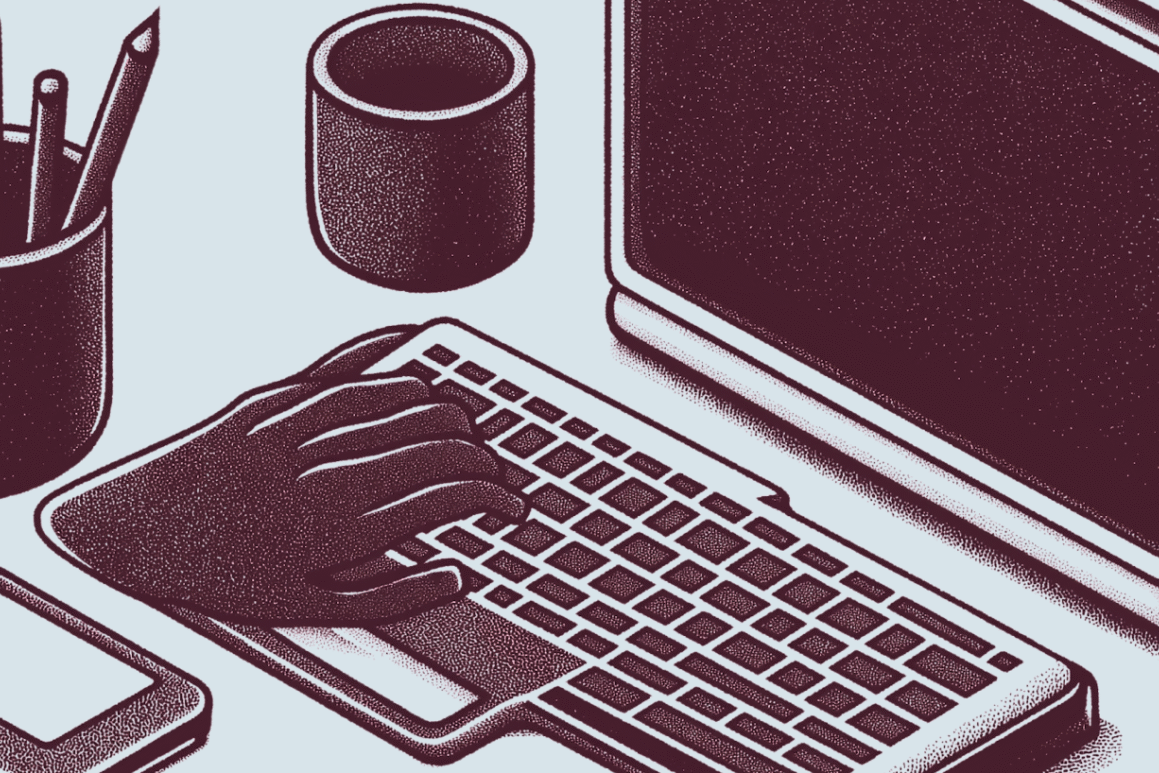 Monochrome illustration of a workspace with computer, keyboard, mouse, smartphone, and pencil cup. Minimalist and tech-focused design.