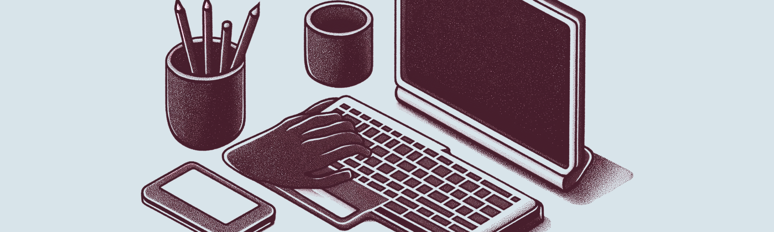Monochrome illustration of a workspace with computer, keyboard, mouse, smartphone, and pencil cup. Minimalist and tech-focused design.