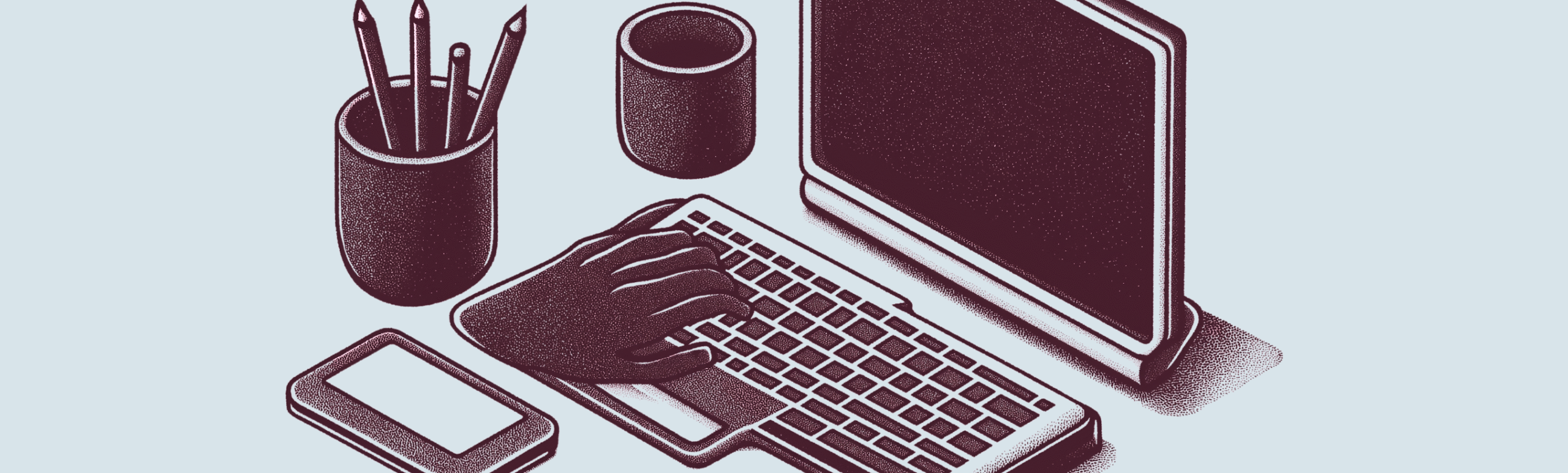 Monochrome illustration of a workspace with computer, keyboard, mouse, smartphone, and pencil cup. Minimalist and tech-focused design.