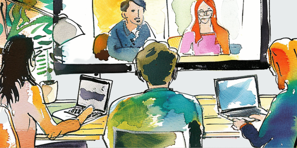 Watercolor-style illustration of a team in a video conference, blending warm and cool tones for a creative, collaborative workspace vibe.