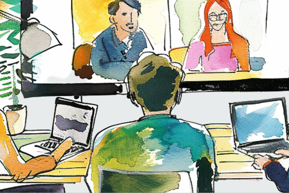 Watercolor-style illustration of a team in a video conference, blending warm and cool tones for a creative, collaborative workspace vibe.