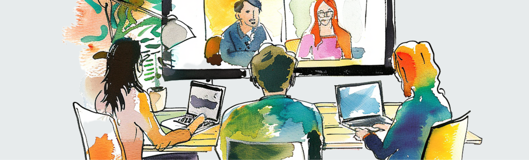 Watercolor-style illustration of a team in a video conference, blending warm and cool tones for a creative, collaborative workspace vibe.