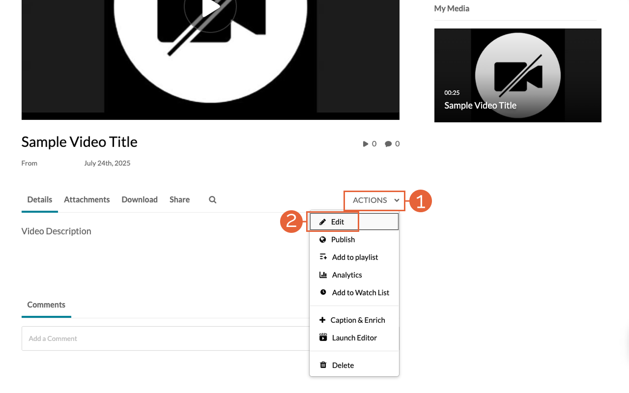 Video Page Action Menu