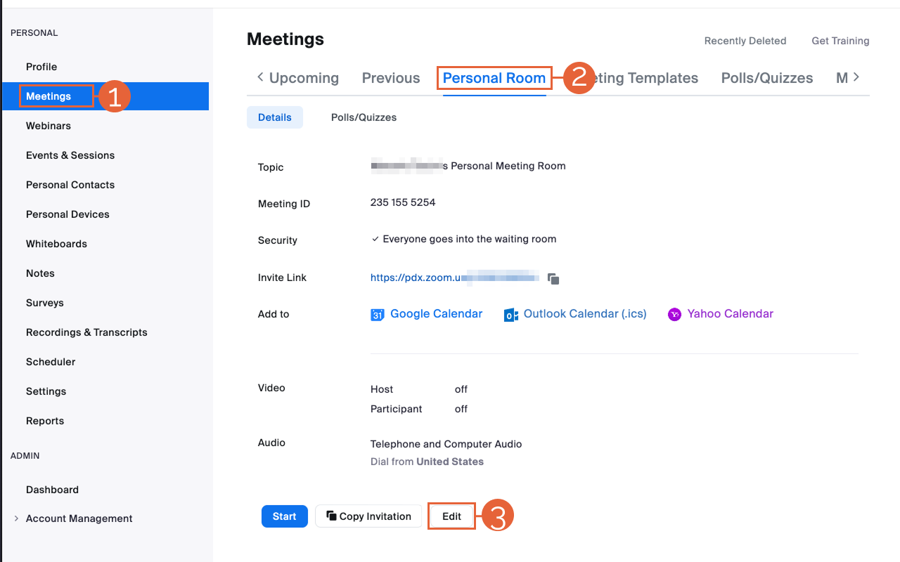 Zoom Personal Meeting Room settings