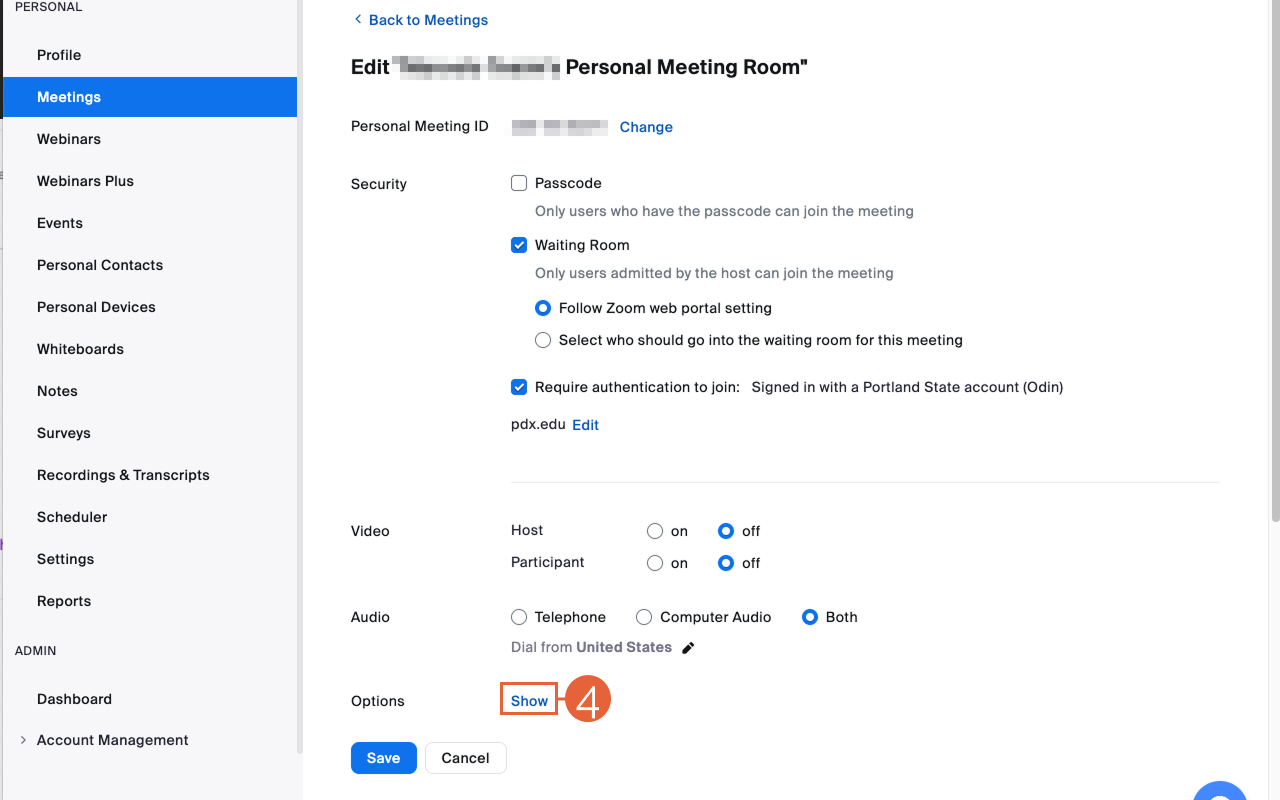 Zoom Personal Meeting Room settings - Edit Menu