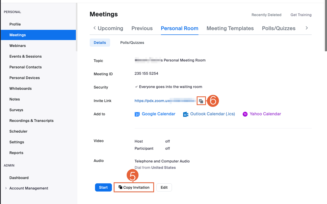 Zoom Personal Meeting Room Settings