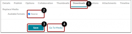 Media Space Download Tab settings: Source checkbox, Save button and Go To Media link.
