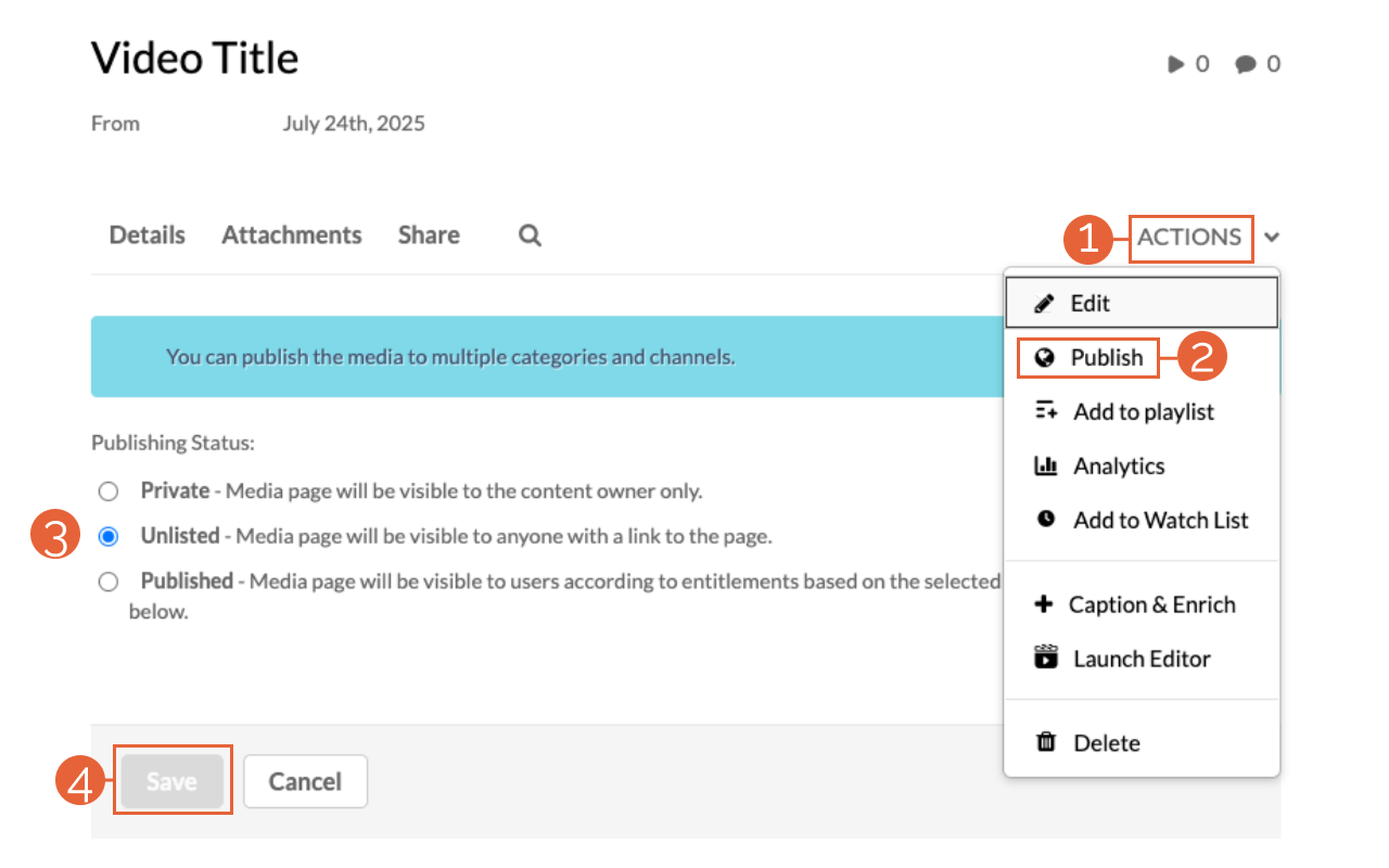 Video Publish Menu Options