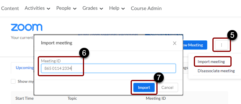 D2L Zoom area import meeting menu and pop-up menu.