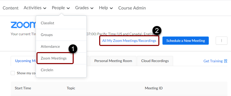 D2L zoom area showing All Meetings tab.