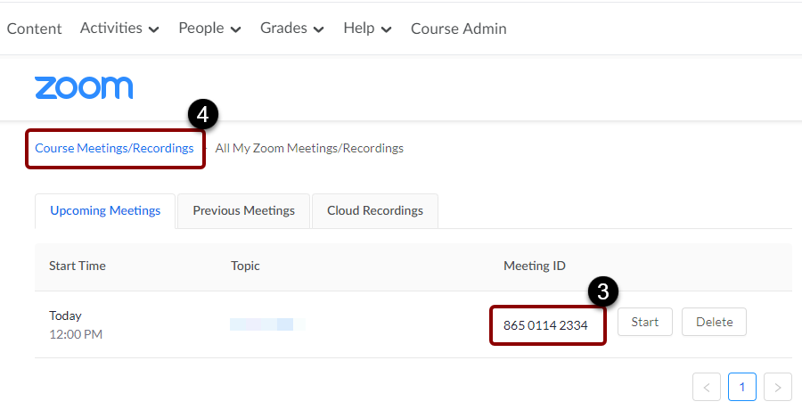 D2L full list of user Zoom meetings with ID number highlighted.