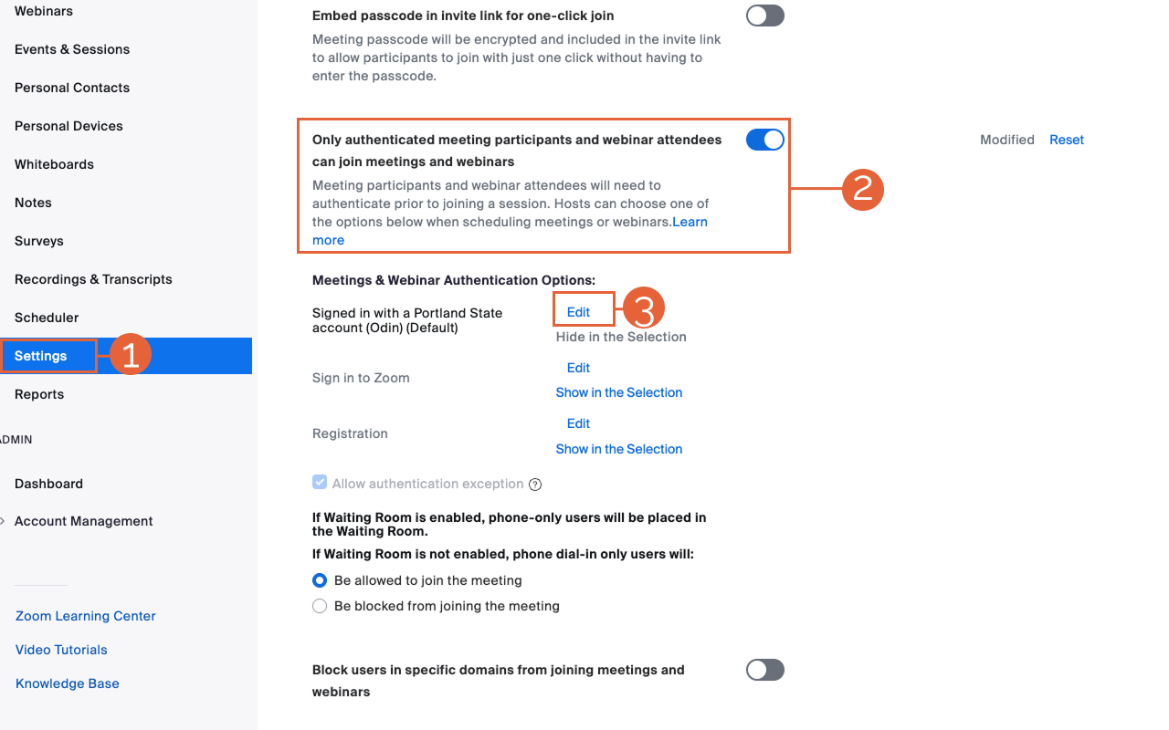 Zoom Authentication Settings