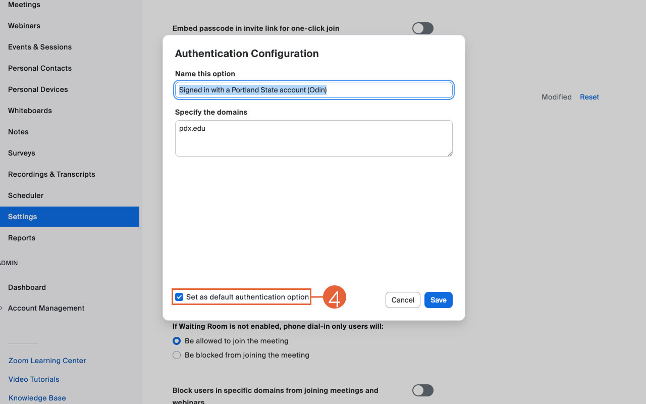 Zoom Authentication Default Settings