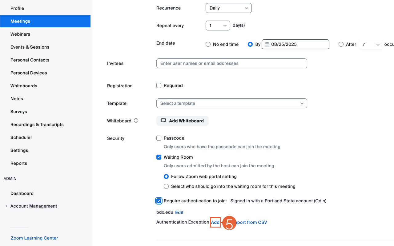 Meeting exception settings