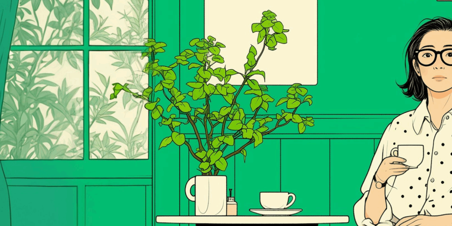 Illustration of a person in a modern room with green walls, sipping coffee. Features a potted plant and stylish decor.