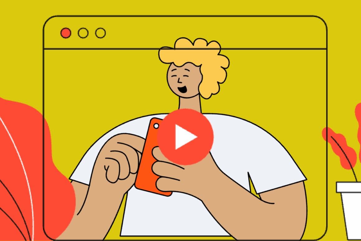 Stylized illustration of a smiling instructor recording a video on a smartphone, framed within a web browser window.