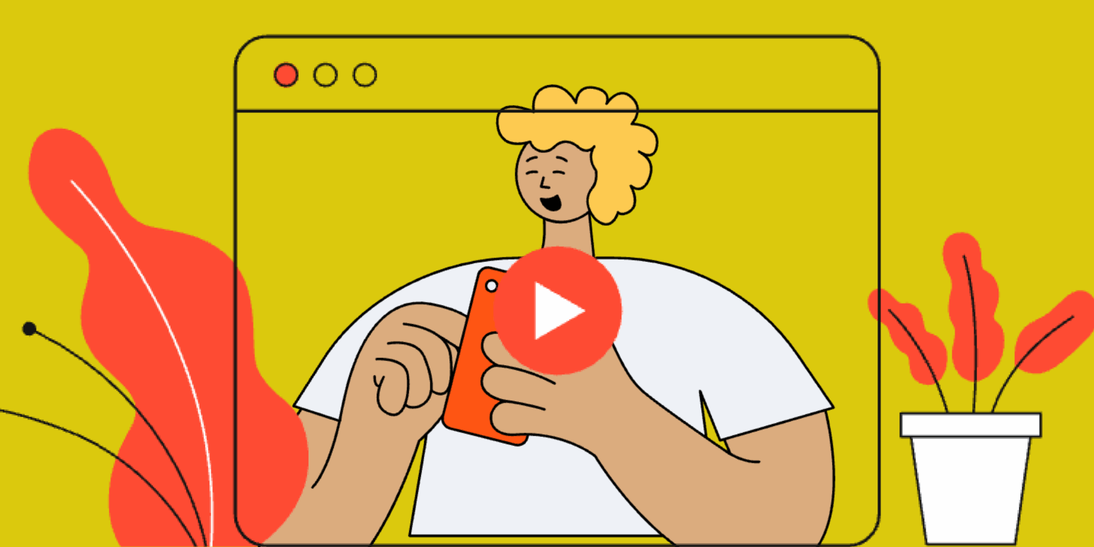 Stylized illustration of a smiling instructor recording a video on a smartphone, framed within a web browser window.