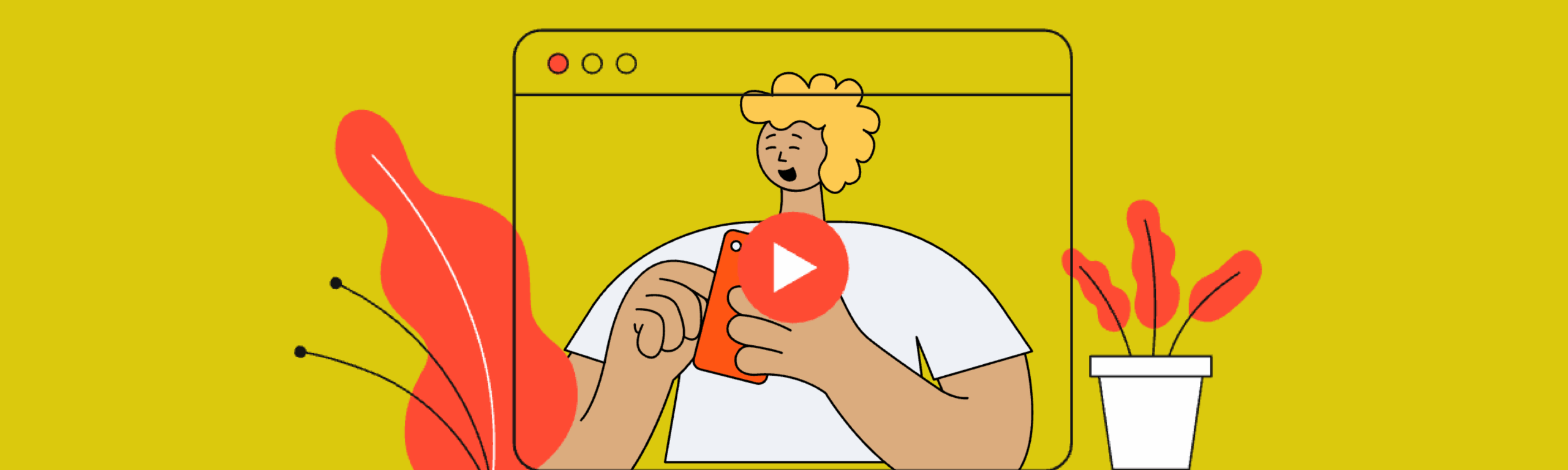 Stylized illustration of a smiling instructor recording a video on a smartphone, framed within a web browser window.