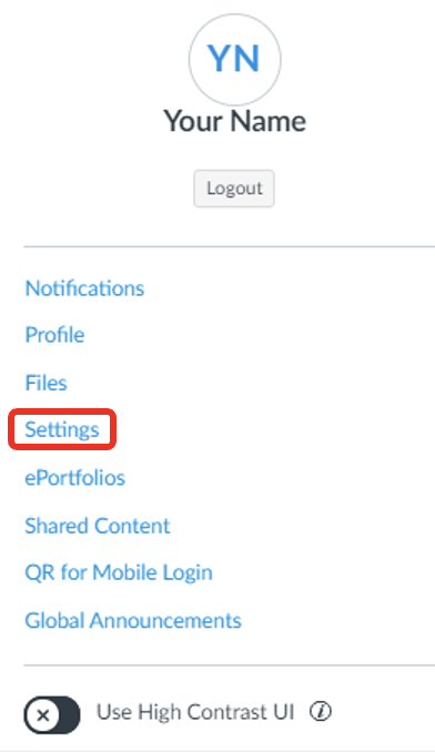 This screen detail from Canvas emphasizes the Settings link in the Account menu.