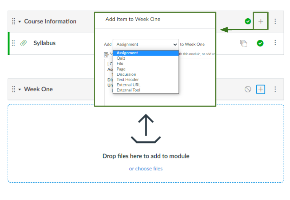 User interface to add content to a module in Canvas