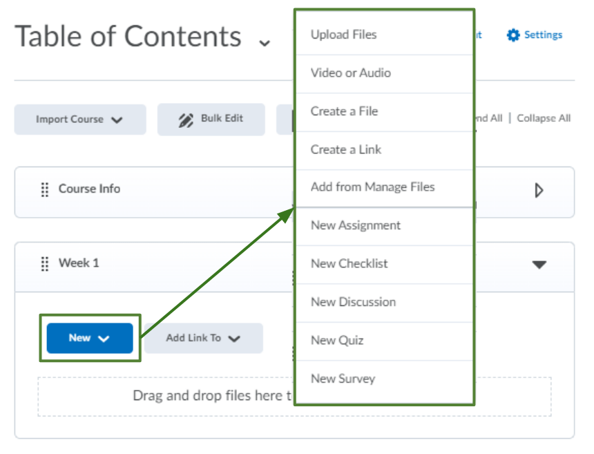 User interface to add content to a module in D2L