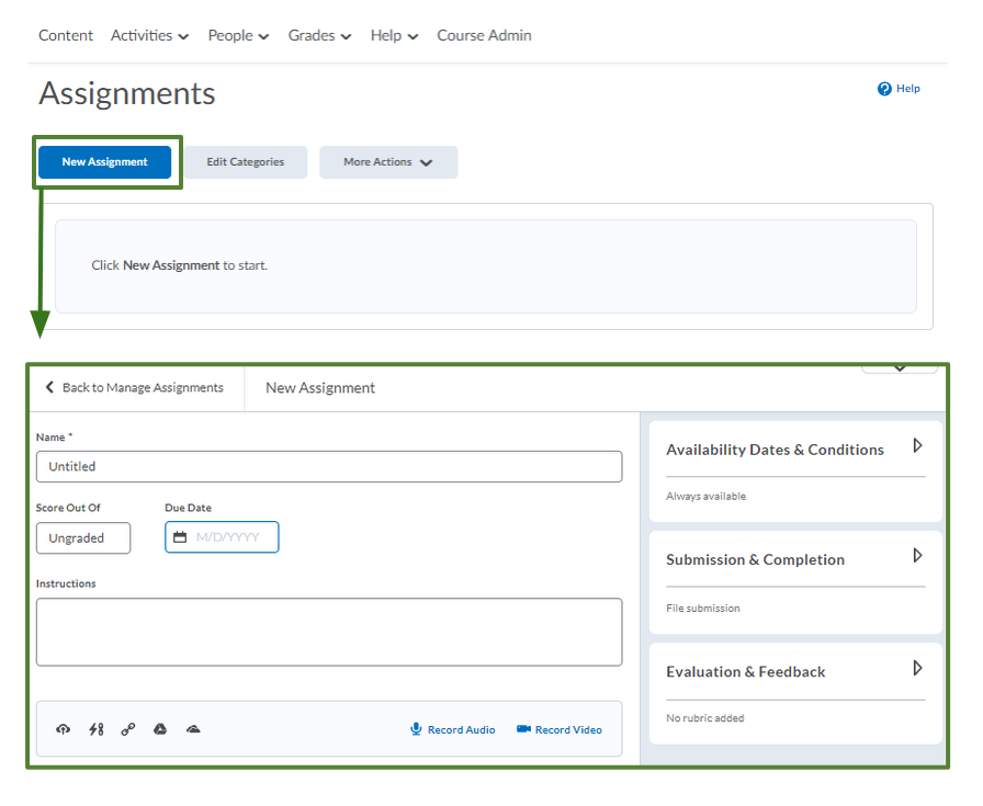 User interface to an assignment in D2L