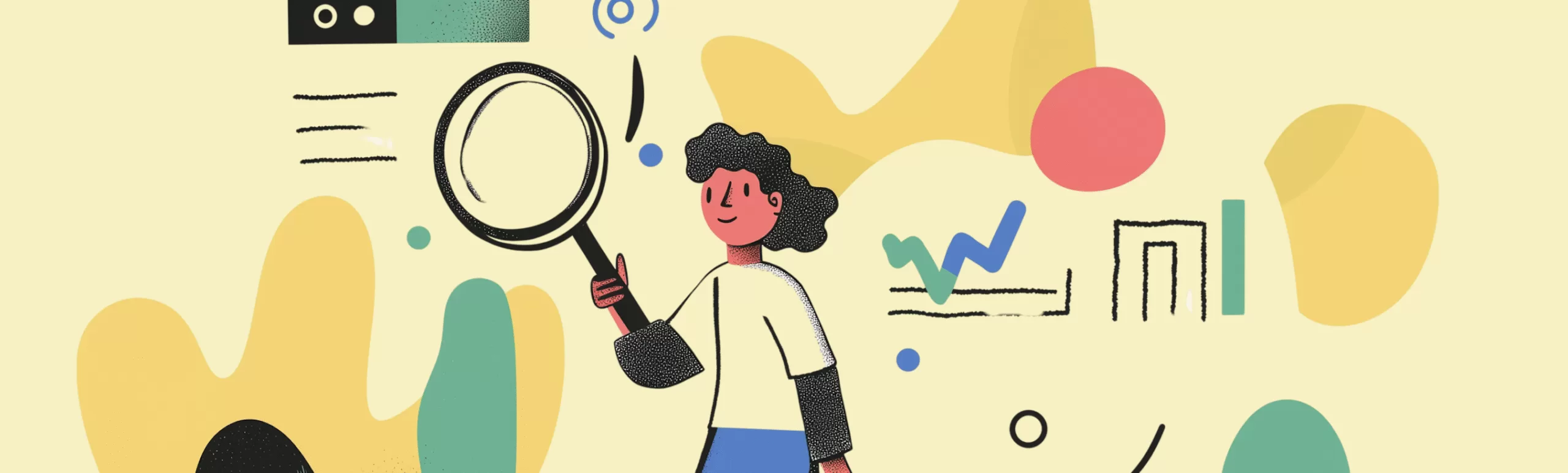 Whimsical illustration of a cartoon character exploring with a magnifying glass amidst colorful abstract shapes and charts.