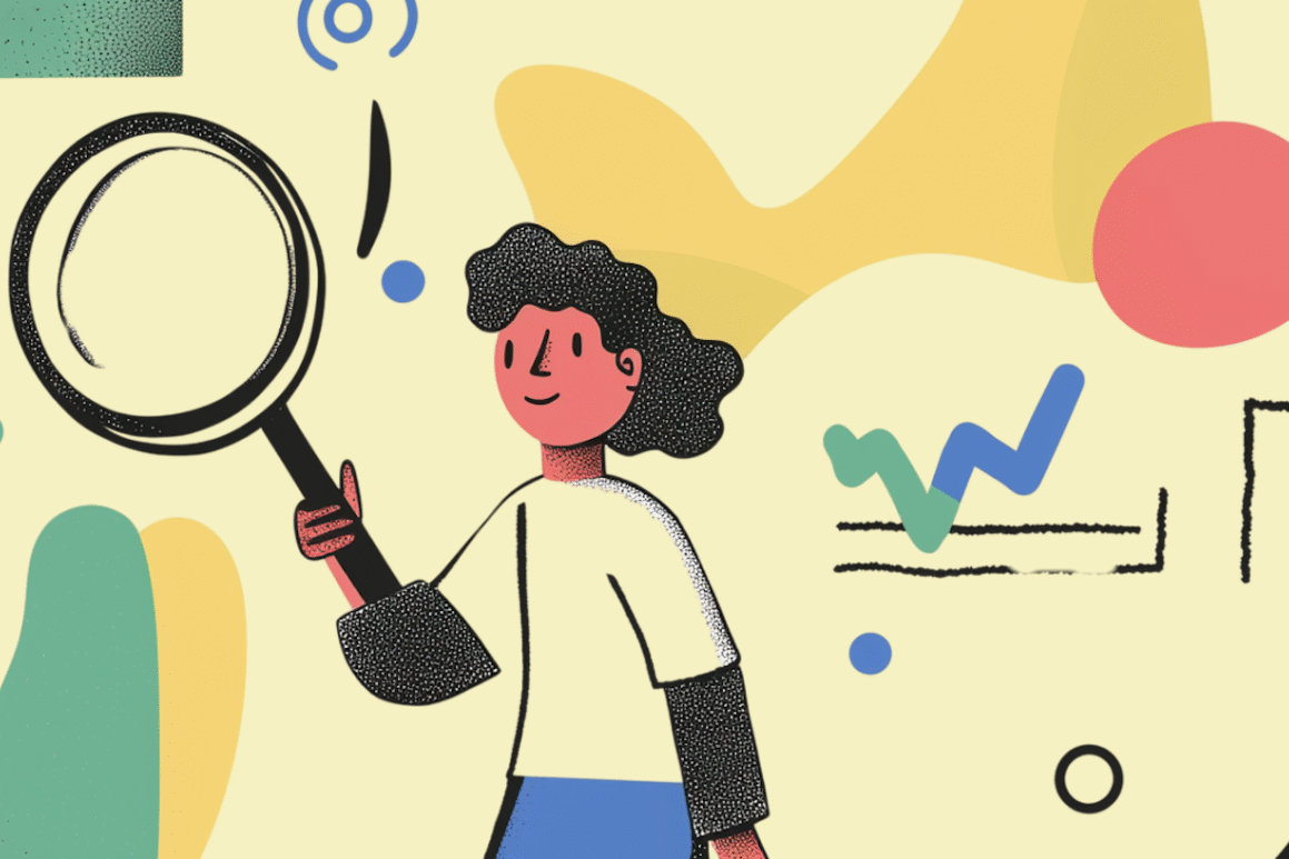 Whimsical illustration of a cartoon character exploring with a magnifying glass amidst colorful abstract shapes and charts.