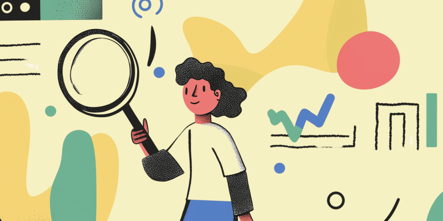Whimsical illustration of a cartoon character exploring with a magnifying glass amidst colorful abstract shapes and charts.