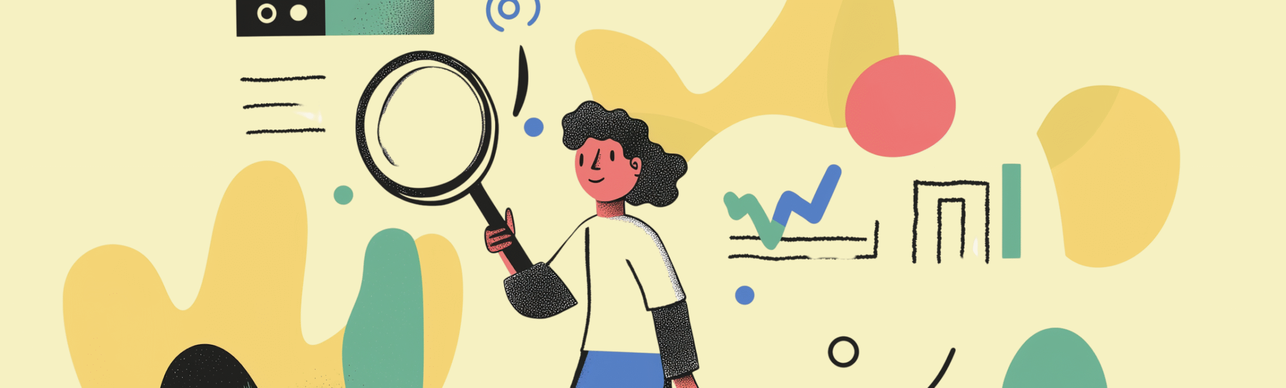 Whimsical illustration of a cartoon character exploring with a magnifying glass amidst colorful abstract shapes and charts.