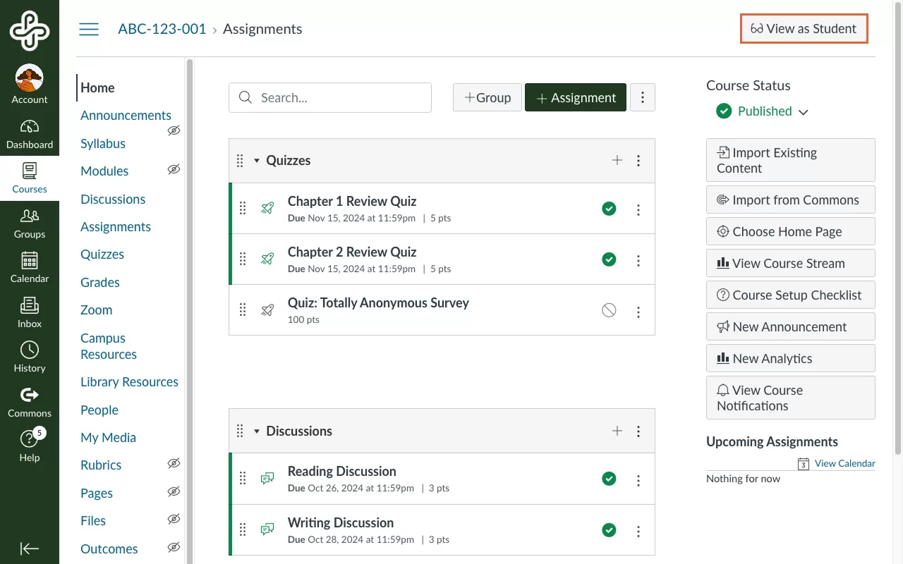 The Canvas Course homepage with the Student View menu button pointed out.
