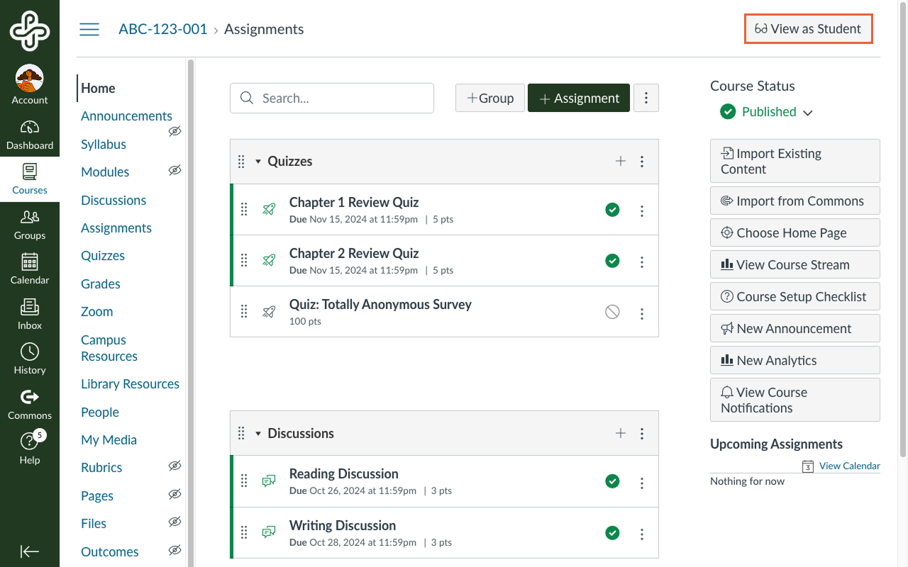 The Canvas Course homepage with the Student View menu button pointed out.
