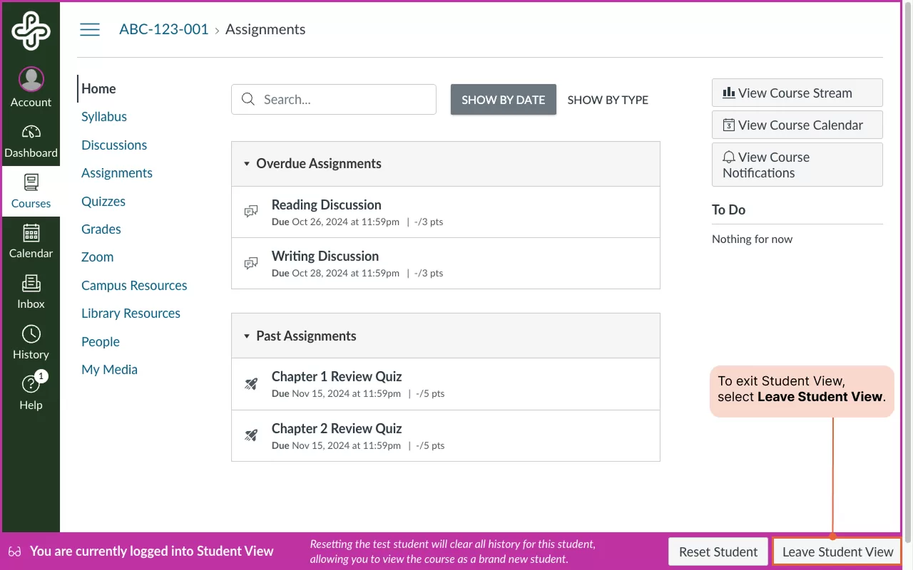 The “Leave Student View” button pointed out within the Student View border.