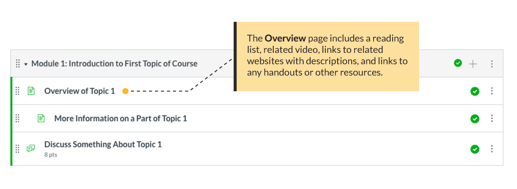 A module that begins with an Overview page, which would contain links to readings, videos, activities, and other items or resources.