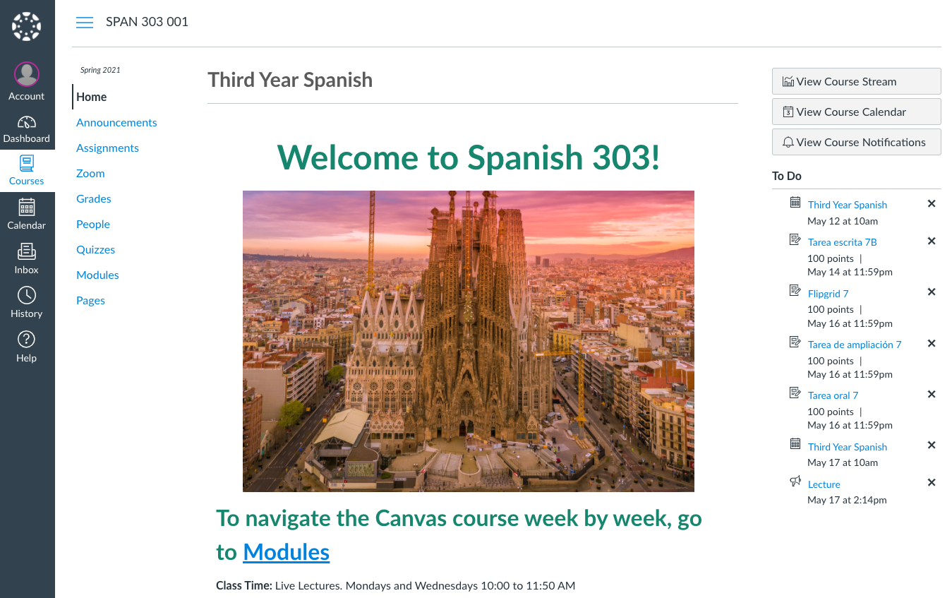 An example home page for a Spanish class, with a large image of a cathedral and with emphasis on a link to Modules.