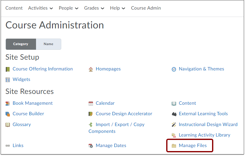 D2L Course Administration page with the Manage Files link highlighted.